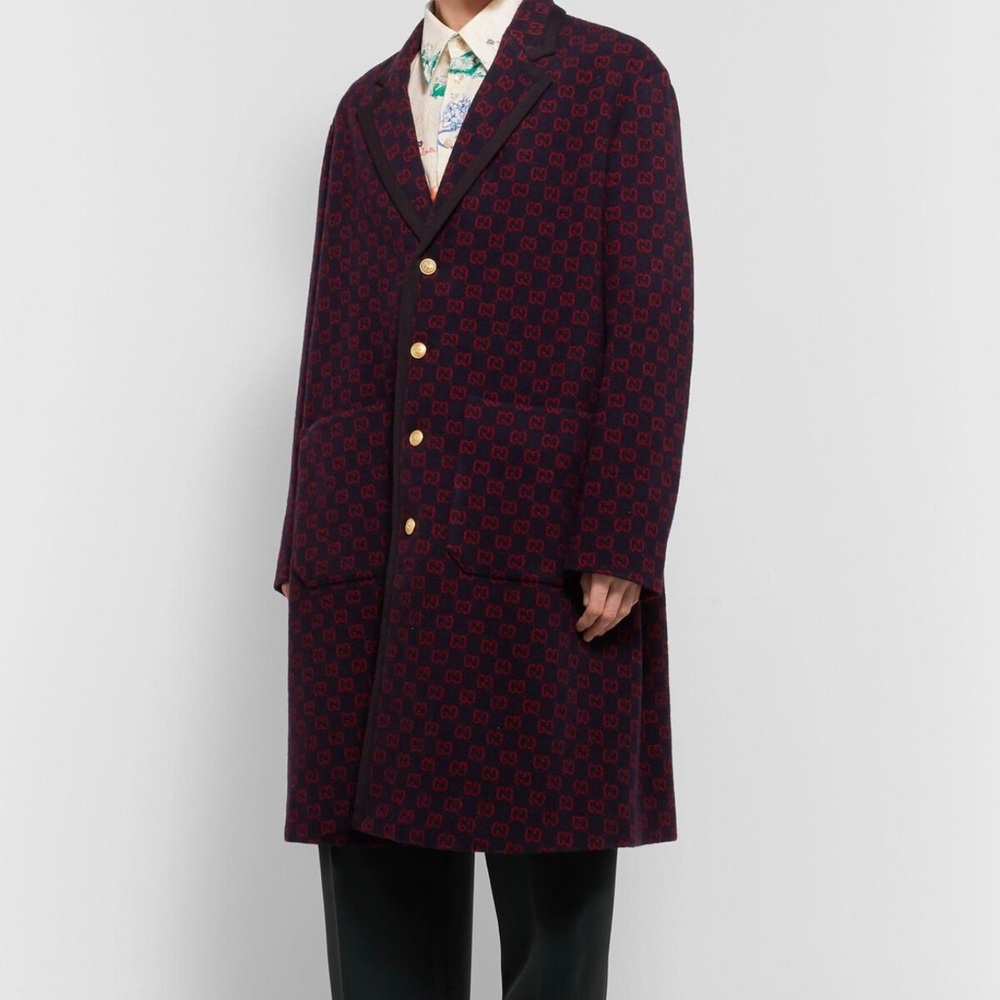 Gucci logo jacquard wool blend coat men blue size 44